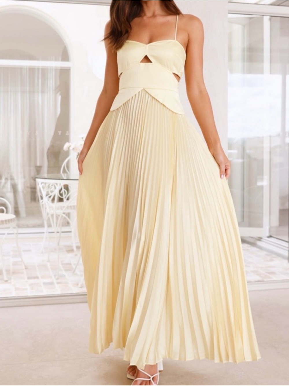 Hello Molly Pale Yellow Pleated Maxi Dress with Spaghetti Straps